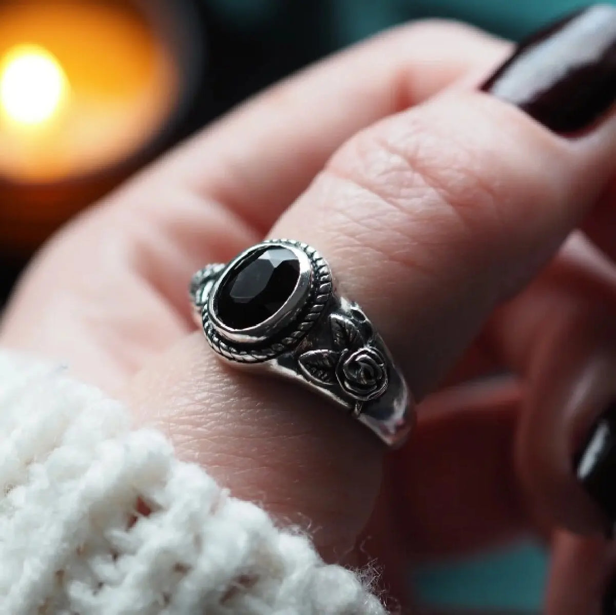 Vintage Rose Gothic Black Gemstone Ring