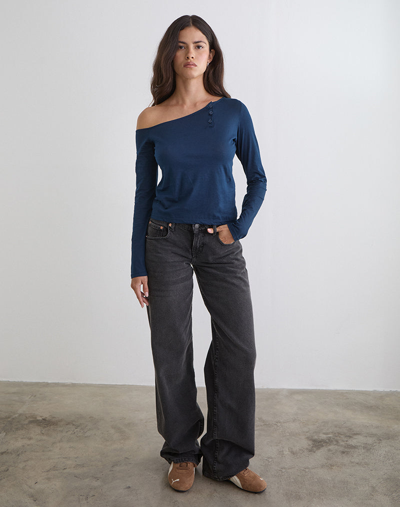 Tole Asymmetric Button Up Top in Tissue Jersey Dark Navy