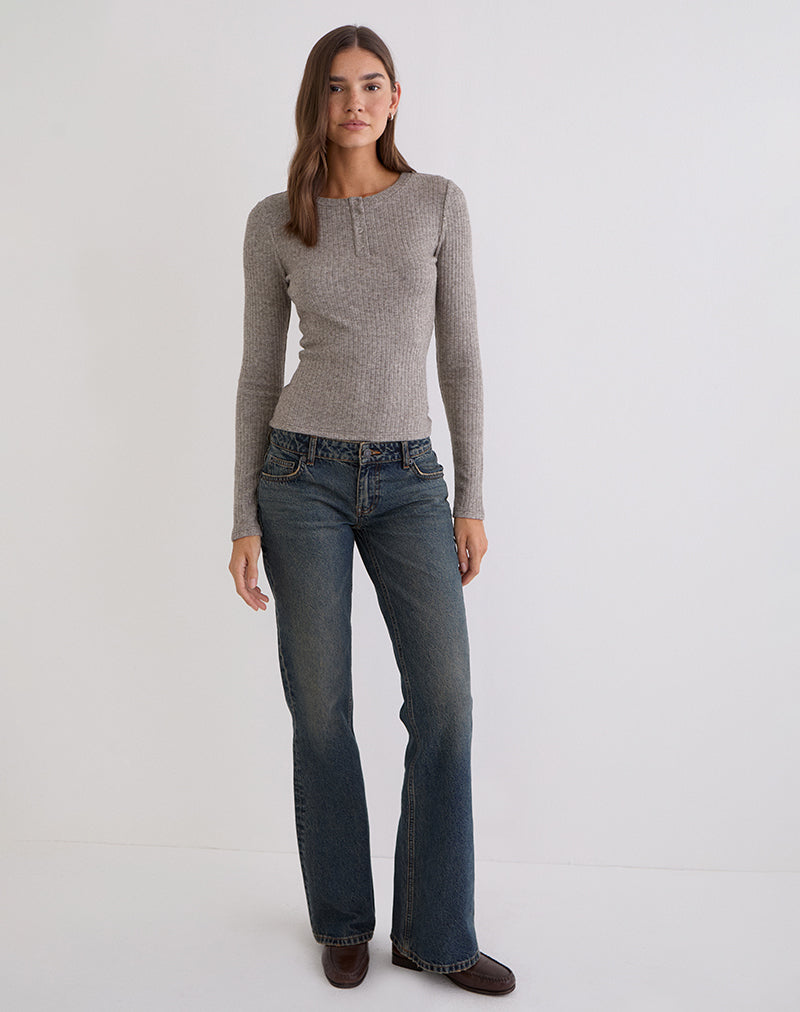 Zinta Long Sleeve Button Up Top in Ribbed Knit Grey