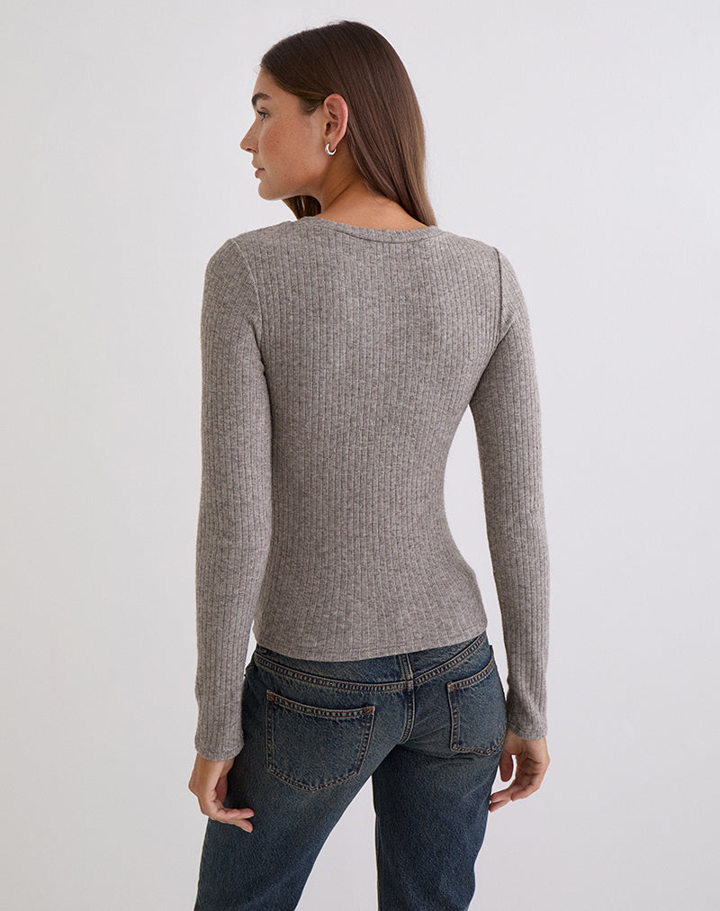 Zinta Long Sleeve Button Up Top in Ribbed Knit Grey