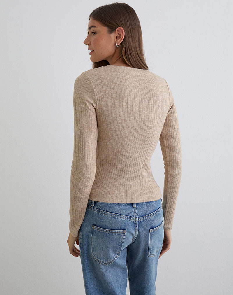 Zinta Long Sleeve Button Up Top in Rib Knit Oat