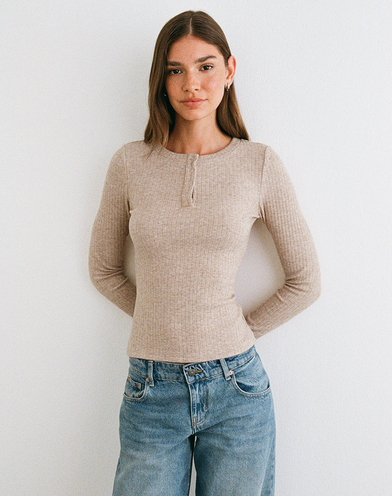 Zinta Long Sleeve Button Up Top in Rib Knit Oat