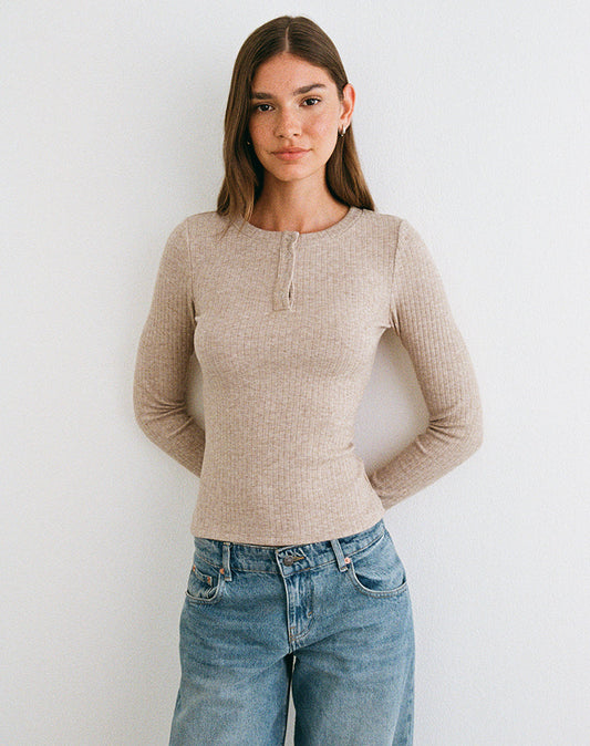 Zinta Long Sleeve Button Up Top in Rib Knit Oat