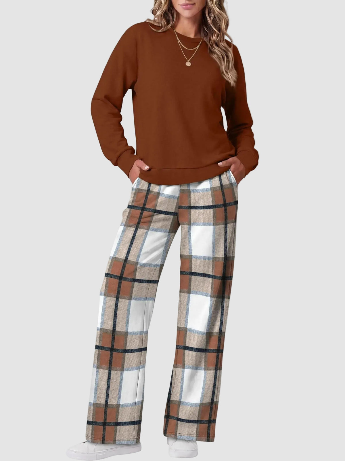Women Two Piece Outfit Crew Neck Top And Wide Leg Pants Set