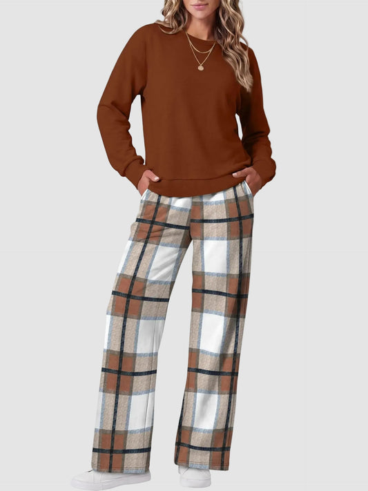 Women Two Piece Outfit Crew Neck Top And Wide Leg Pants Set