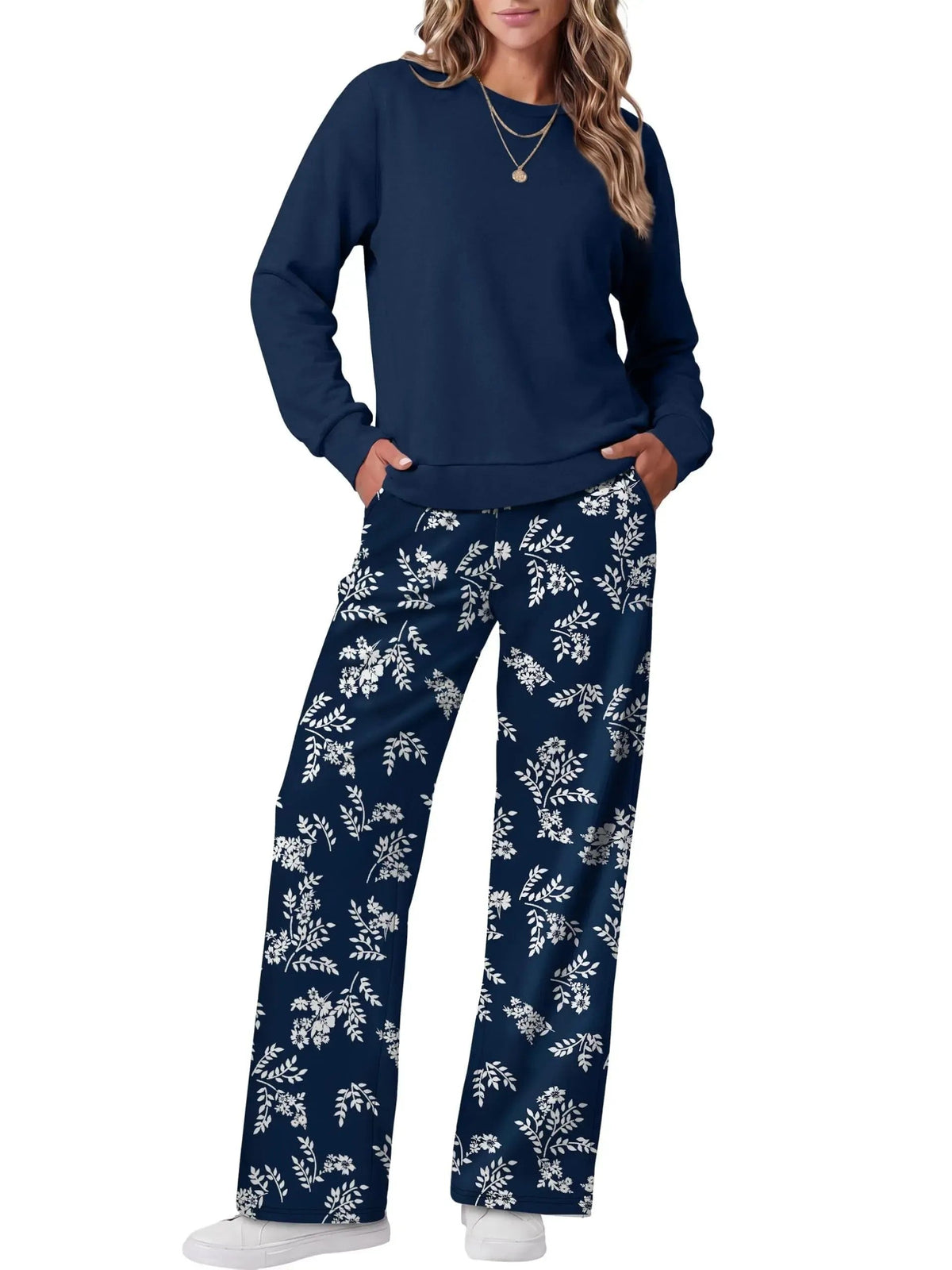 Women Two Piece Outfit Crew Neck Top And Wide Leg Pants Set