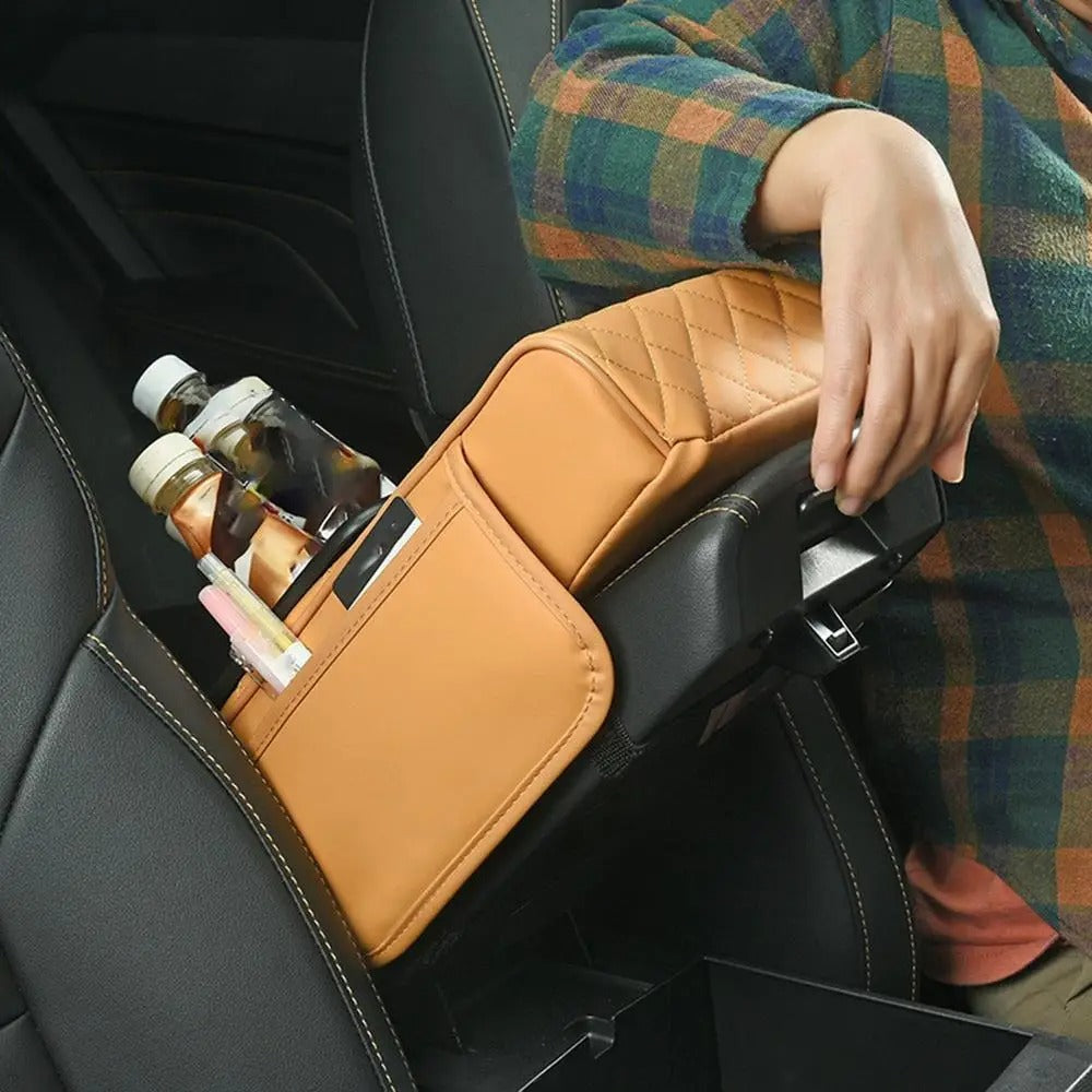 Almohadilla reposabrazos para coche 4 en 1 – Organizador de consola prémium con caja de pañuelos, portavasos y bolsillo de almacenamiento