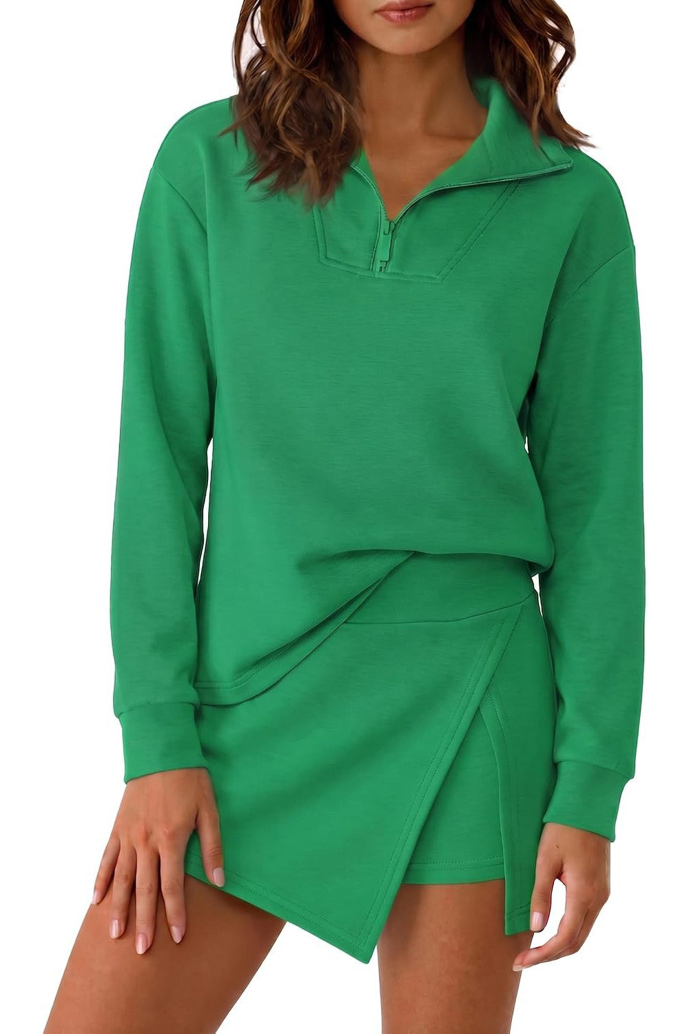 Long Sleeve Half Zip Collared Top And Skort Two Piece Set