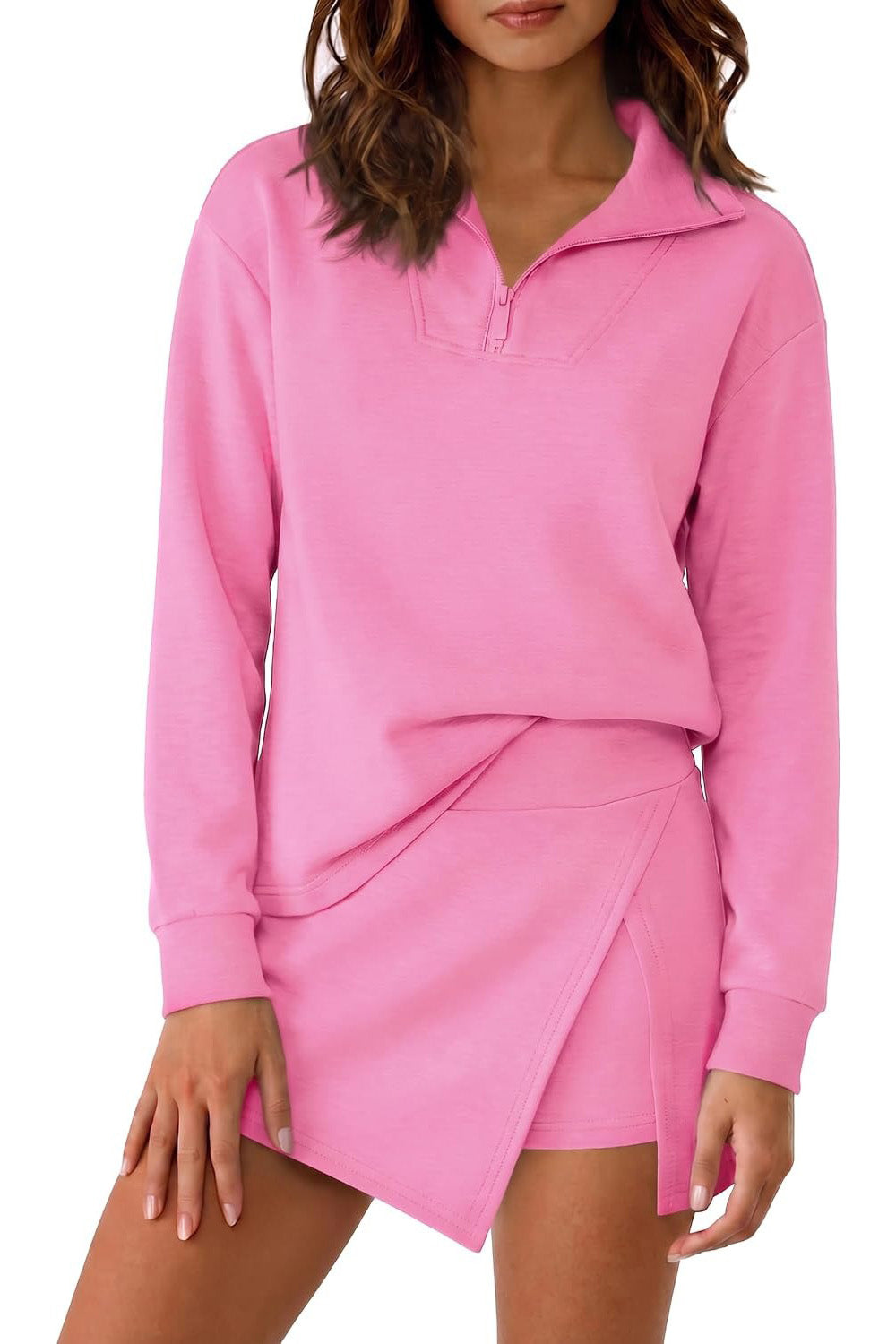 Long Sleeve Half Zip Collared Top And Skort Two Piece Set