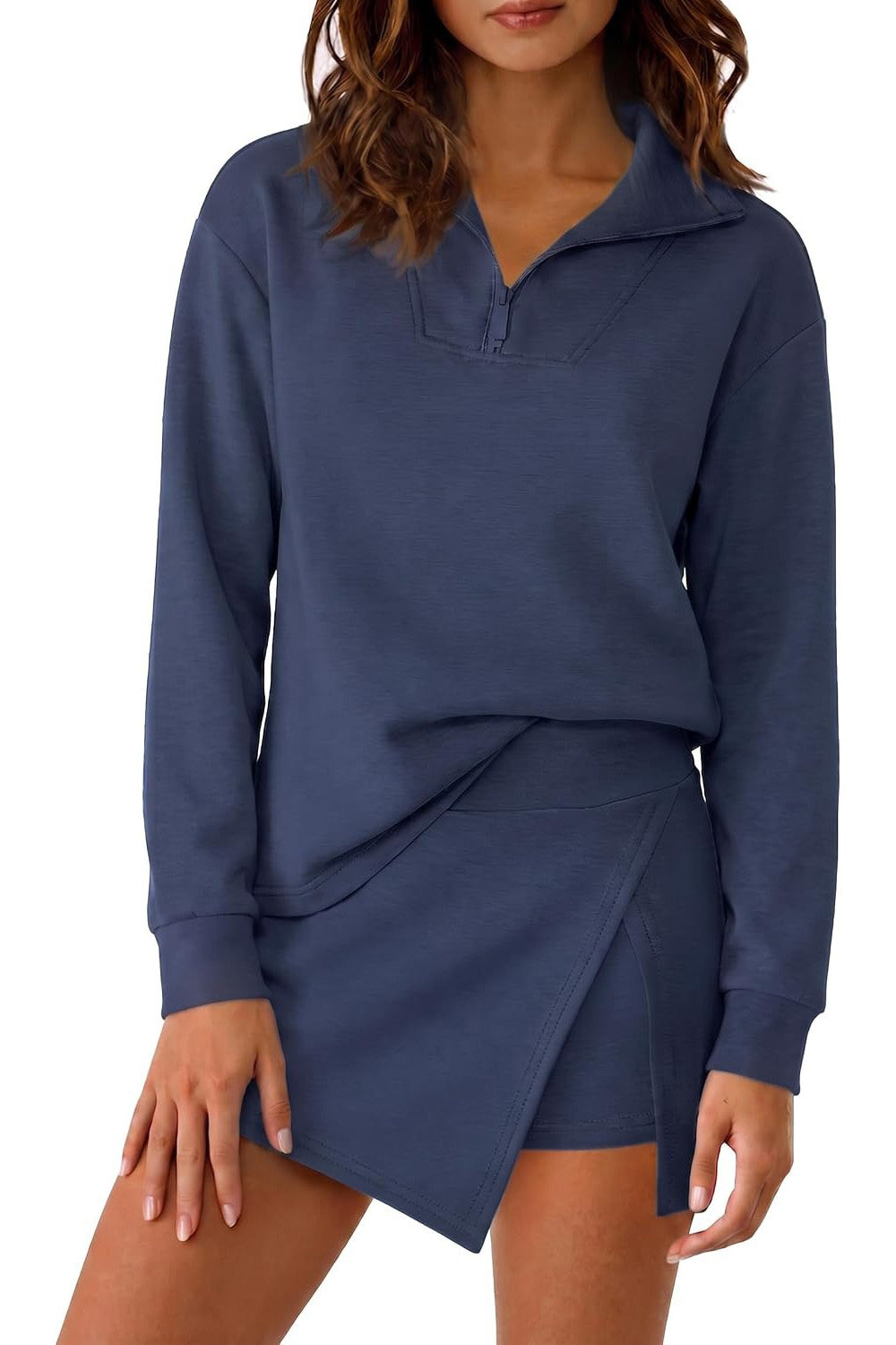 Long Sleeve Half Zip Collared Top And Skort Two Piece Set