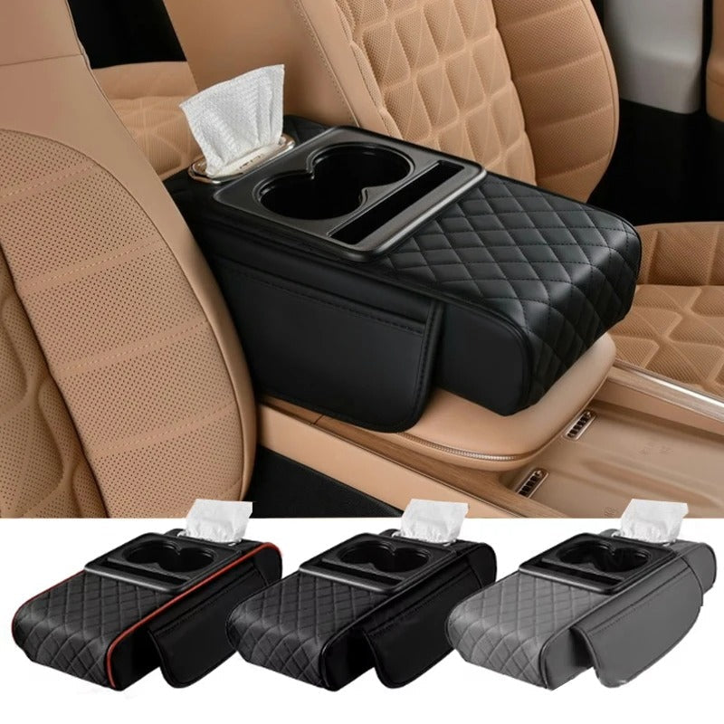Almohadilla reposabrazos para coche 4 en 1 – Organizador de consola prémium con caja de pañuelos, portavasos y bolsillo de almacenamiento