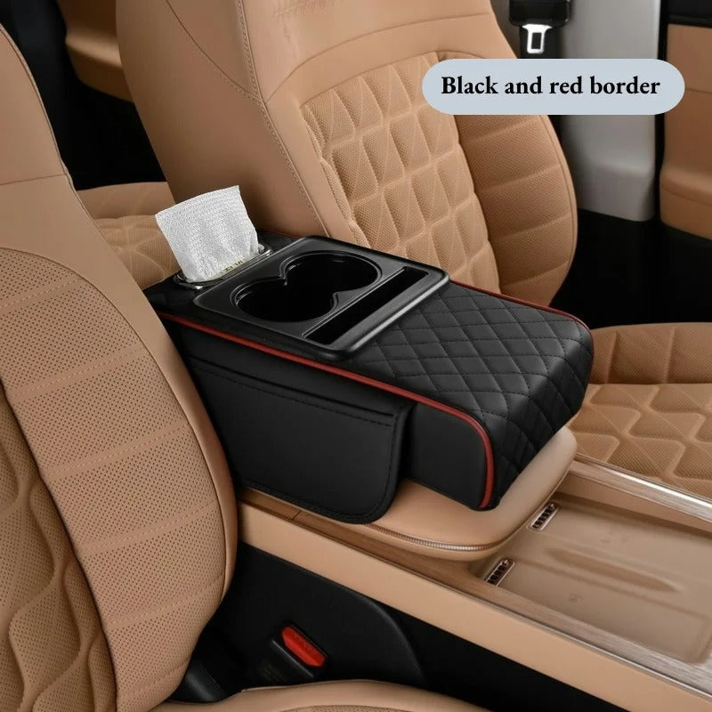 Almohadilla reposabrazos para coche 4 en 1 – Organizador de consola prémium con caja de pañuelos, portavasos y bolsillo de almacenamiento