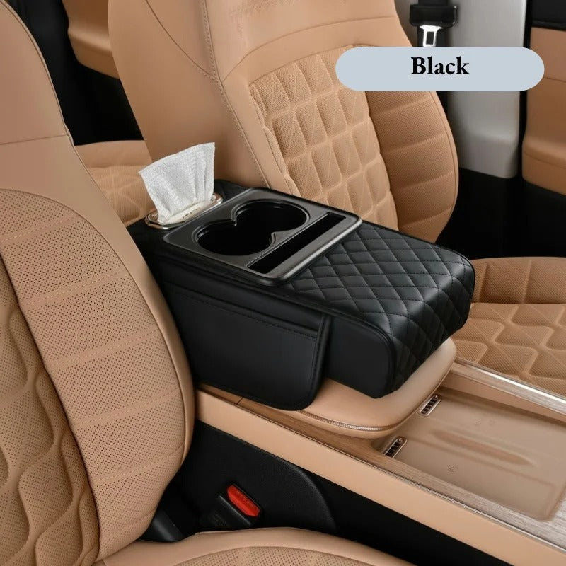 Almohadilla reposabrazos para coche 4 en 1 – Organizador de consola prémium con caja de pañuelos, portavasos y bolsillo de almacenamiento