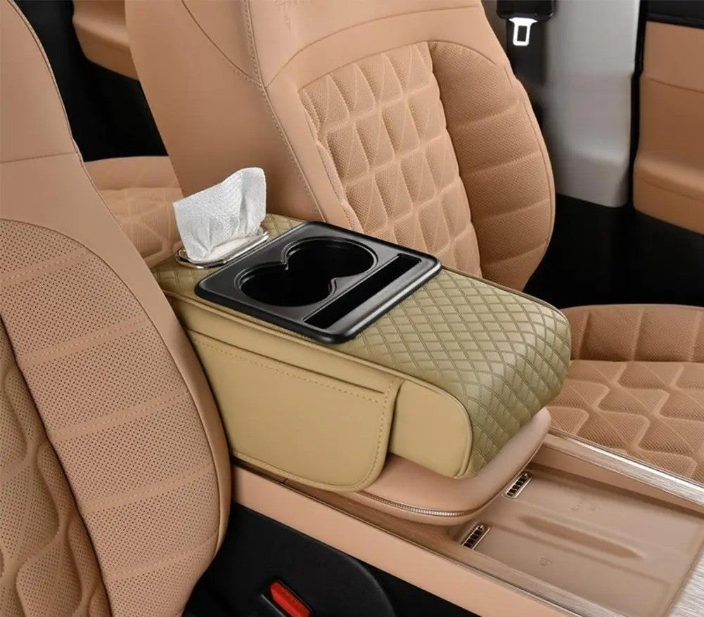 Almohadilla reposabrazos para coche 4 en 1 – Organizador de consola prémium con caja de pañuelos, portavasos y bolsillo de almacenamiento