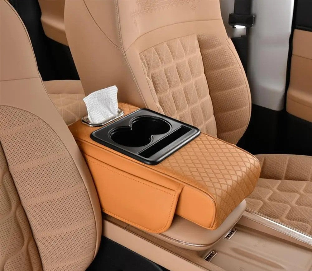 Almohadilla reposabrazos para coche 4 en 1 – Organizador de consola prémium con caja de pañuelos, portavasos y bolsillo de almacenamiento