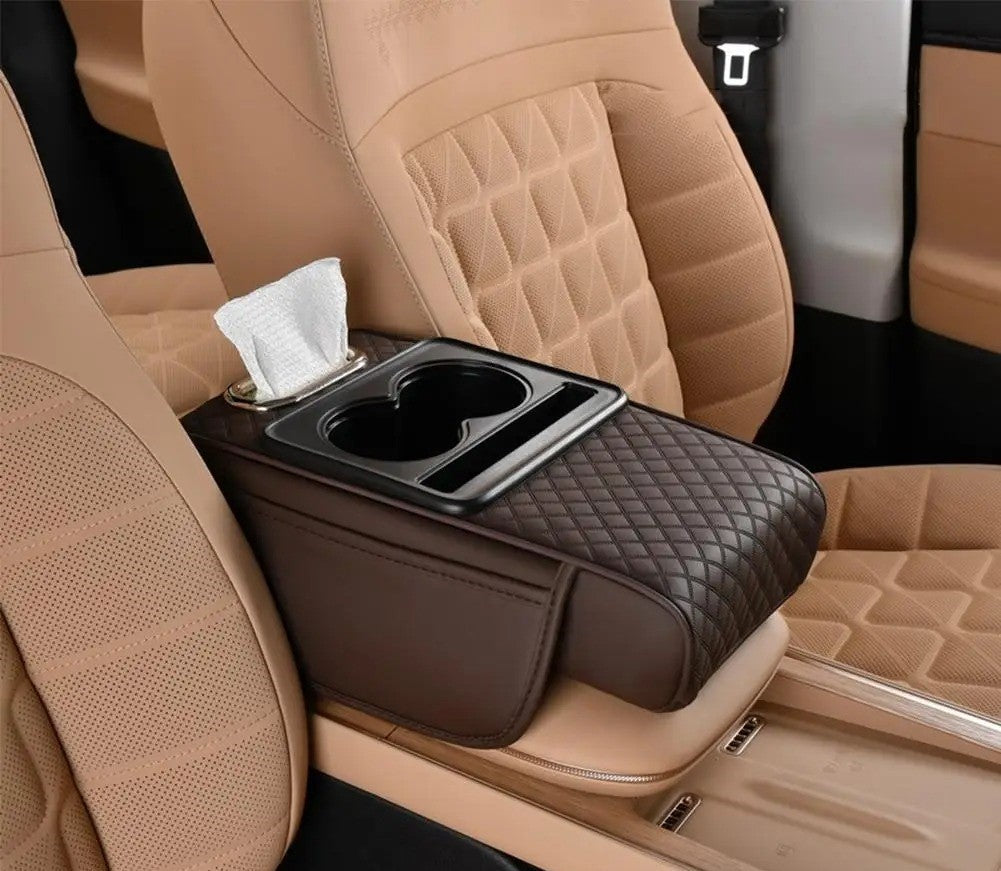 Almohadilla reposabrazos para coche 4 en 1 – Organizador de consola prémium con caja de pañuelos, portavasos y bolsillo de almacenamiento