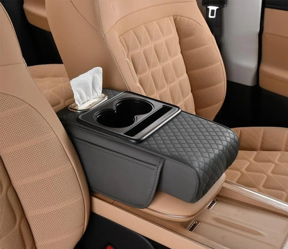 Almohadilla reposabrazos para coche 4 en 1 – Organizador de consola prémium con caja de pañuelos, portavasos y bolsillo de almacenamiento